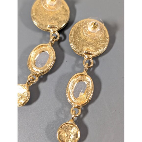 Retro Jewel Tone Dangle Earrings Gold Tone Green Pink Blue Bold Statement - Picture 7 of 8